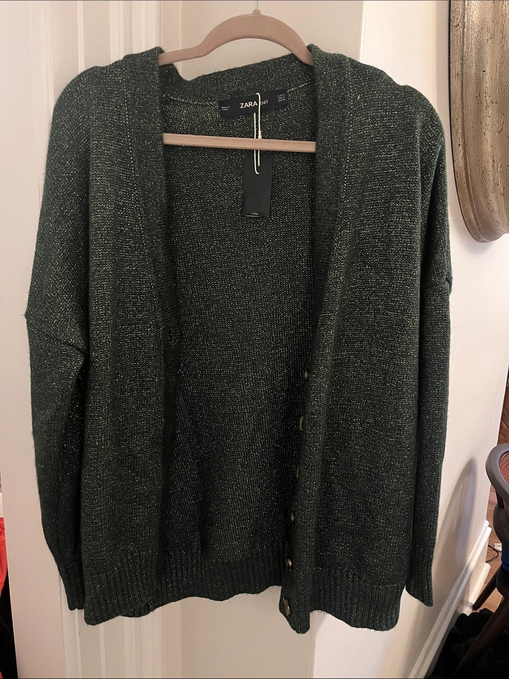 Zara Dark Metallic Green Knit Button Cardigan